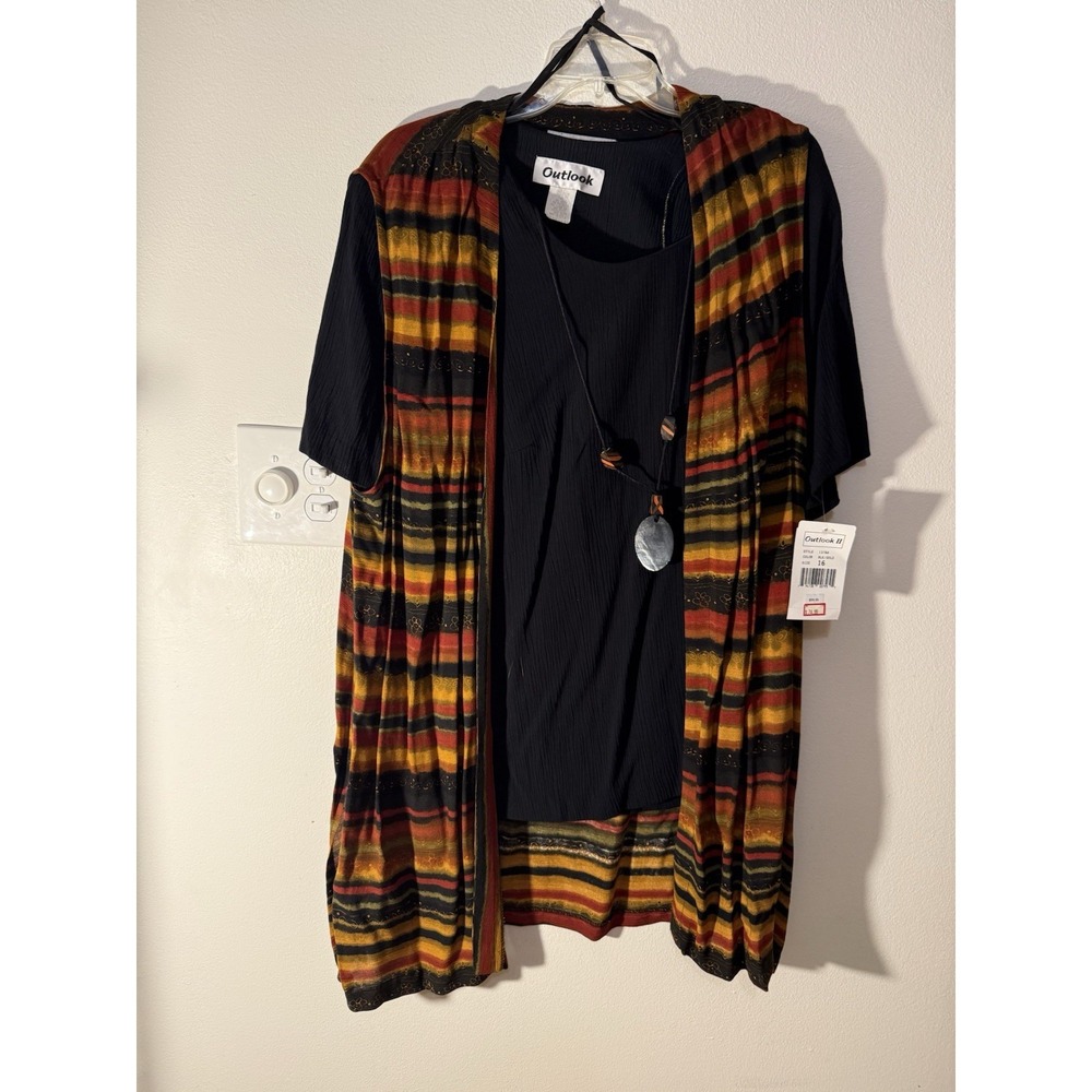 Vtg Outlook Women's Two Piece Black‎ Top Multicolor Striped Coverup - Size 16W